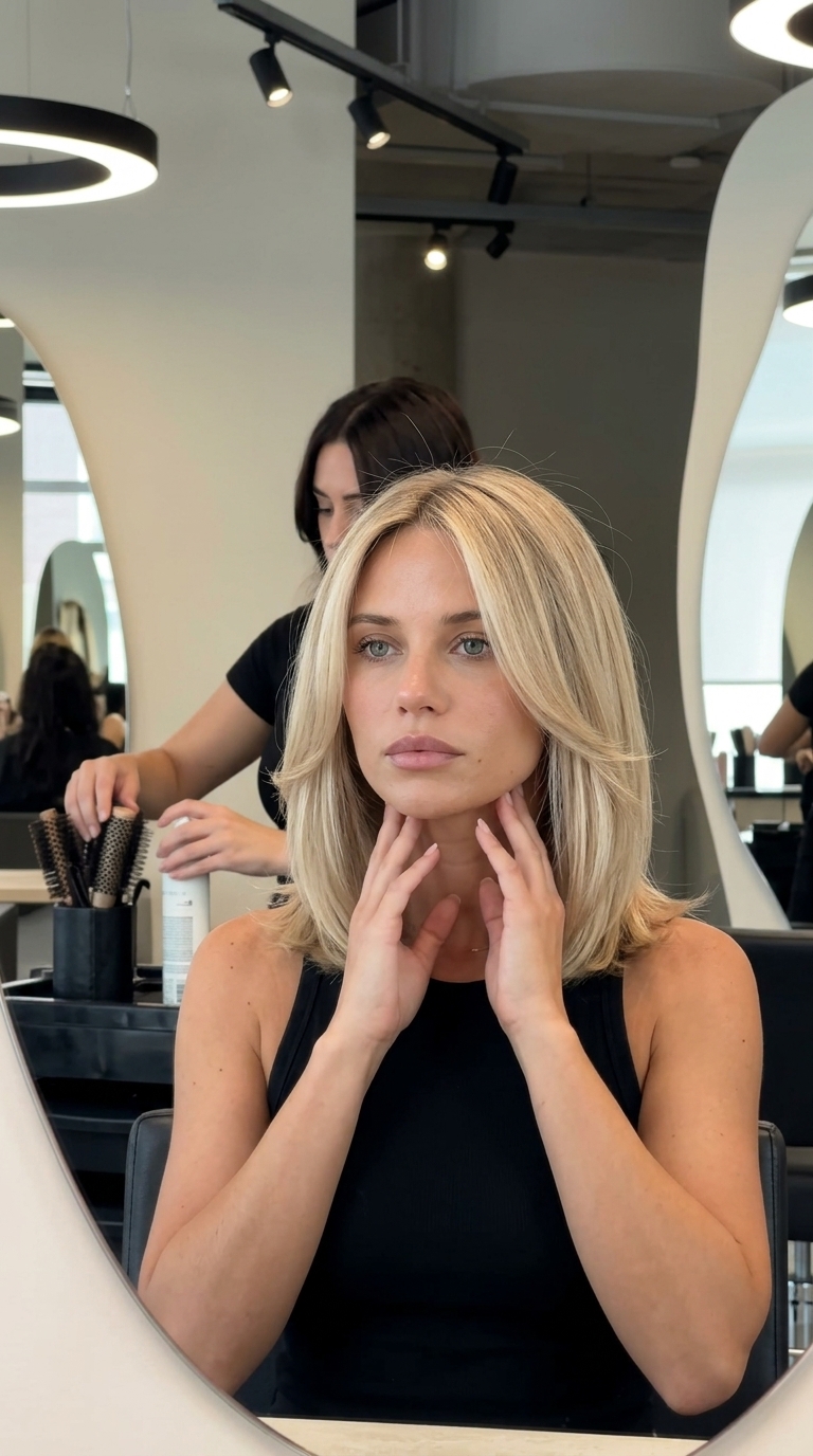 collarbone-length lob in neutral linen blonde with face-framing layers for summer