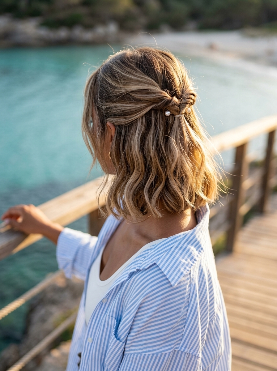 collarbone lob natural hair linen blonde half up half down with caramel lowlights, soft waves — playful effortless