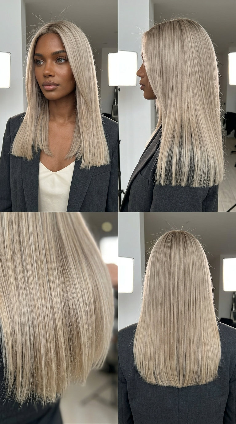 long blunt cut hair in linen blonde with cool beige undertones, sleek finish for summer