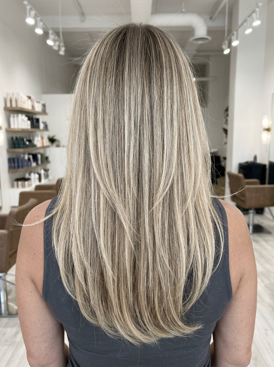 long haircut with linen blonde and ash brown root smudge, ghost layers for effortless chic