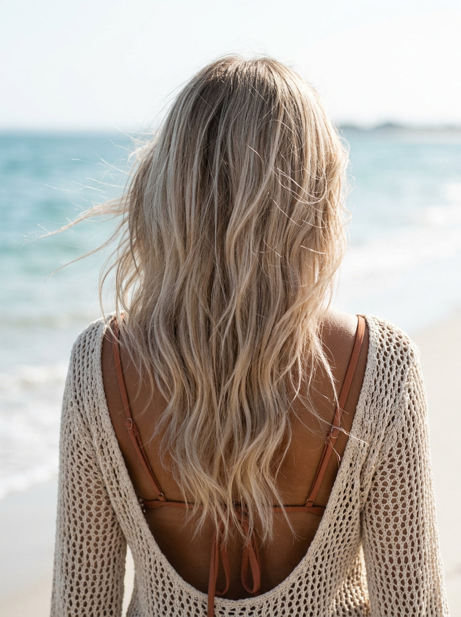 long pale sandy linen blonde layered hair with taupe lowlights and natural waves for summer