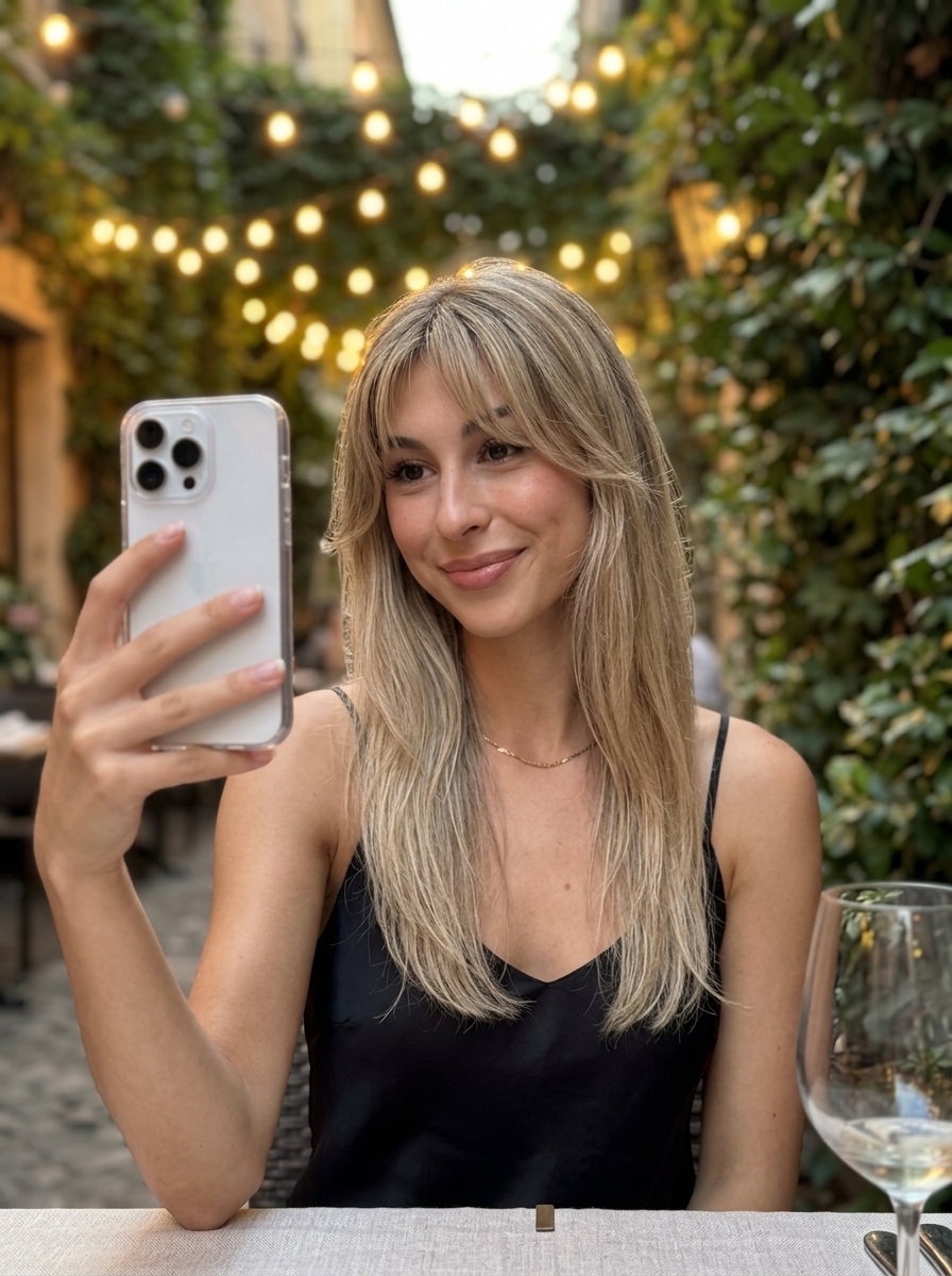 long linen blonde hair with wispy bangs and cool beige babylights for summer