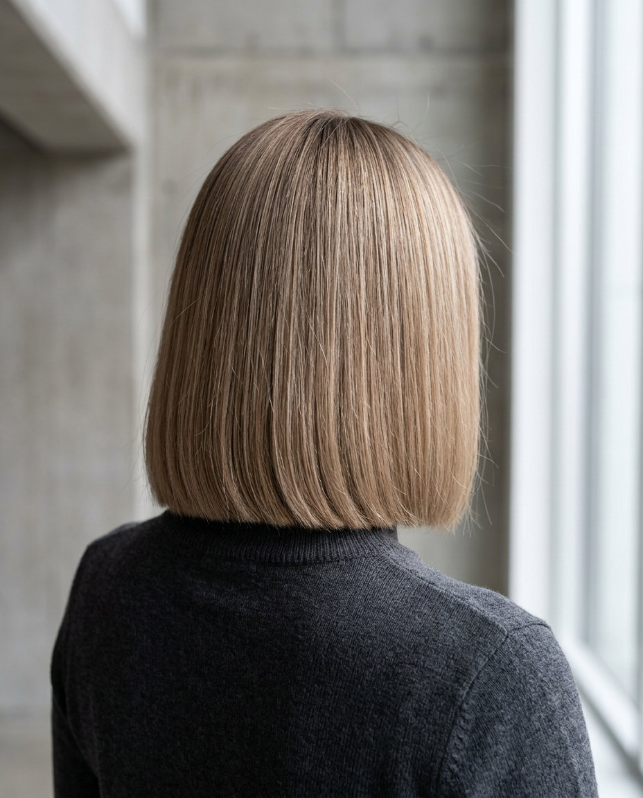 medium blunt bob haircut in linen blonde with beige lowlights, root smudge, no bangs — minimalist and sophisticated