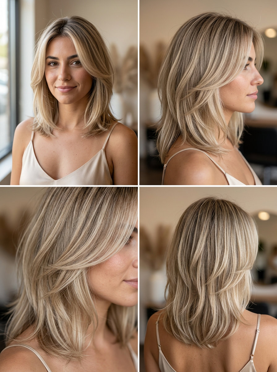 medium layered haircut in linen blonde with beige lowlights, sweeping face-framing layers — effortless summer waves