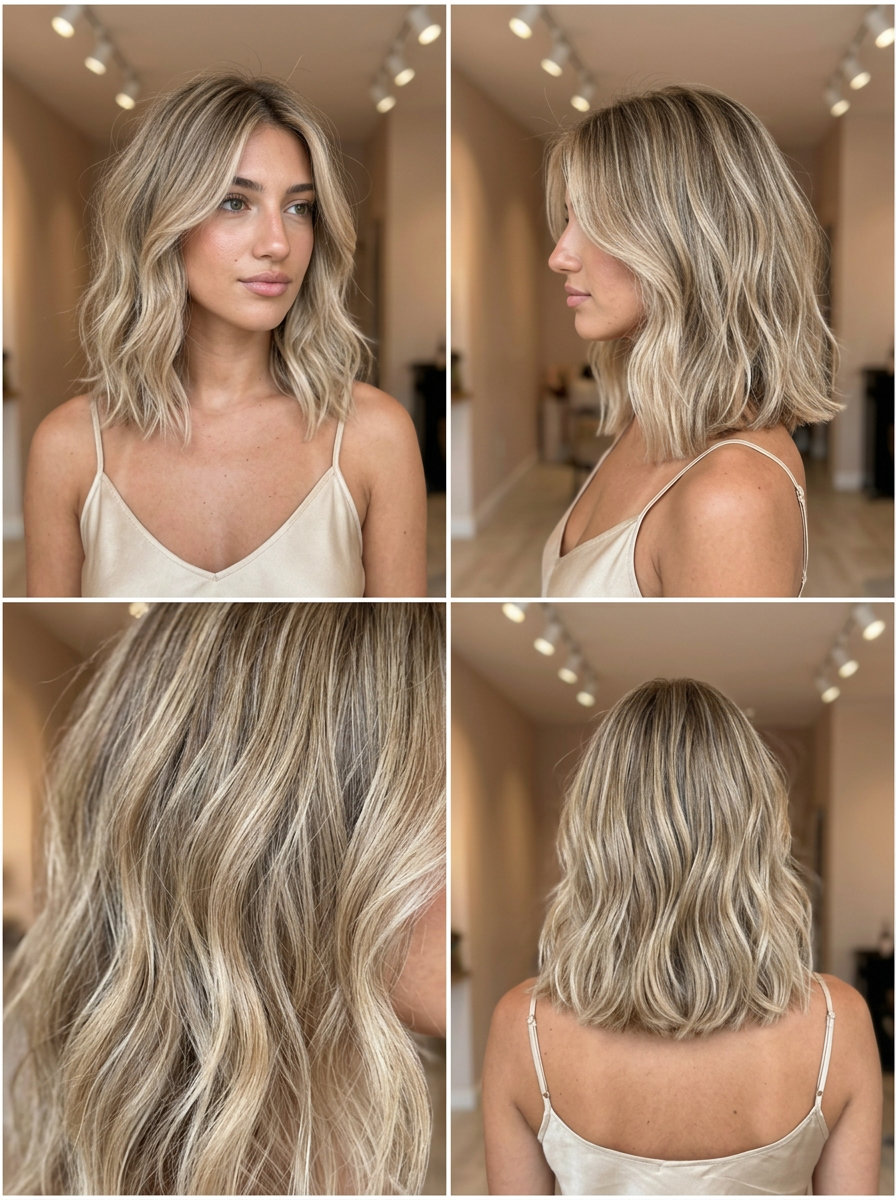 medium linen blonde lob haircut with sandy lowlights, blunt perimeter and internal layers for office chic