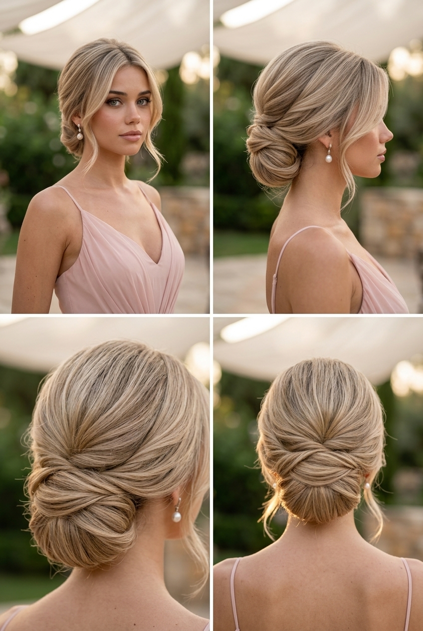 medium neutral linen blonde sculpted updo with face-framing layers for summer