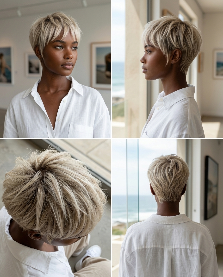short cool linen blonde crop with piecey texture and micro-fringe for summer