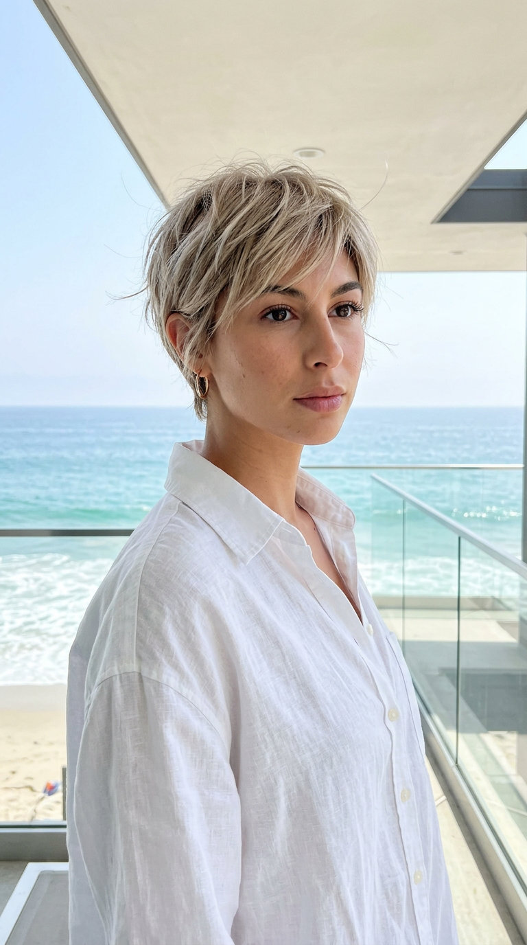short pixie haircut in muted linen blonde with babylights and soft root smudge for summer