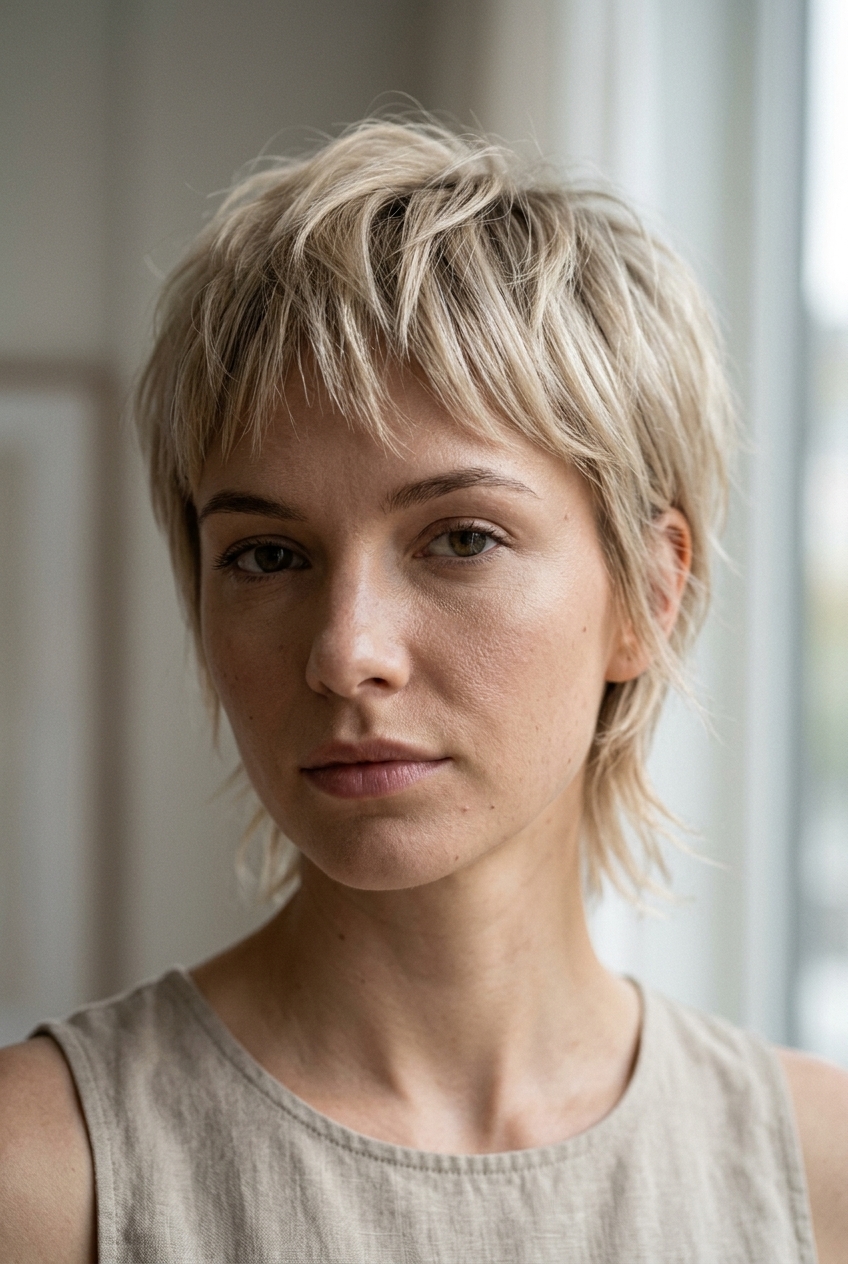 short linen blonde pixie haircut with textured layers and side-swept fringe for summer