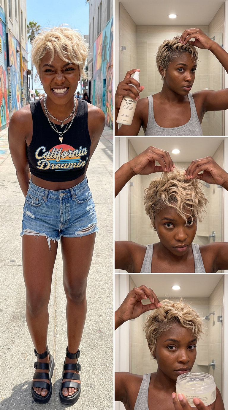 Tousled Pixie 2026: Linen Blonde Waves short wavy pixie haircut with linen blonde color, tousled texture, no fringe — playful edgy hangout