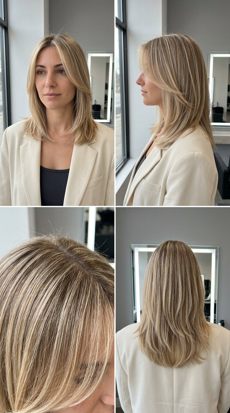 shoulder-length layered haircut in linen blonde with babylights and face-framing for summer