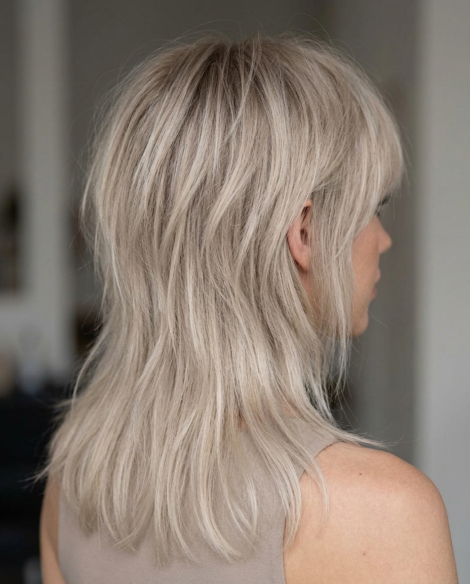 shoulder-length linen blonde mullet with wispy ends, light layering, no fringe — soft minimalist