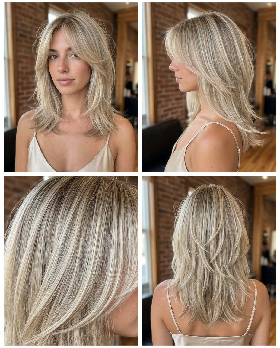 shoulder-length linen blonde shag with babylights and bottleneck bangs for summer