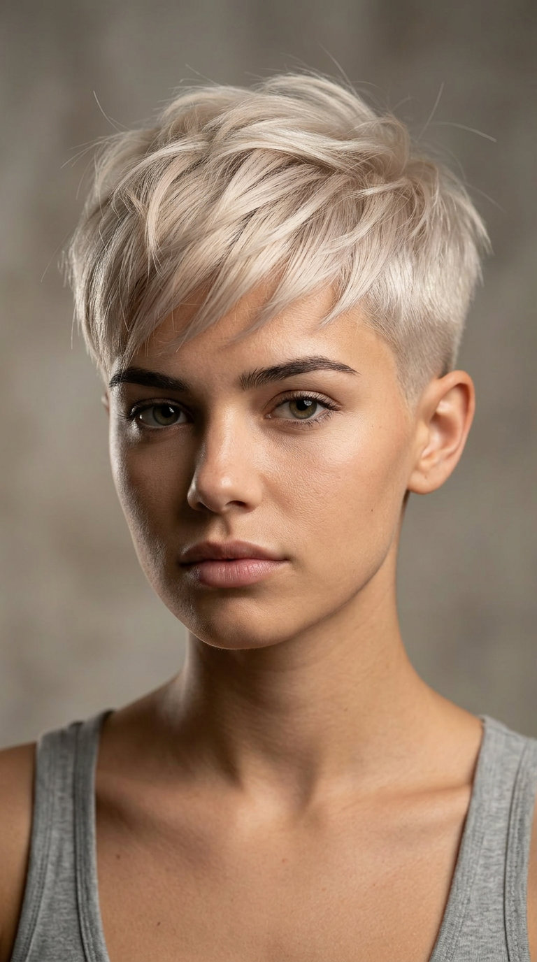 ultra-short pixie haircut in pale linen blonde with textured top for summer