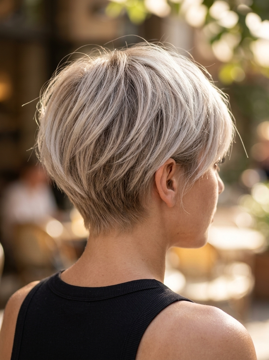 very short pixie haircut with linen blonde and root smudge for beach day