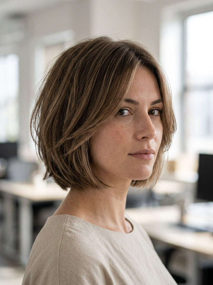 Summer Wolf Cut 2026: Professional Linen Bob chin-length linen brown wolf cut with subtle beige highlights and wispy fringe for summer