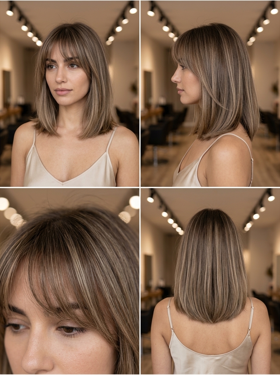 collarbone-length blunt cut with neutral linen brown hair, beige babylights, and wispy bangs for summer 2026