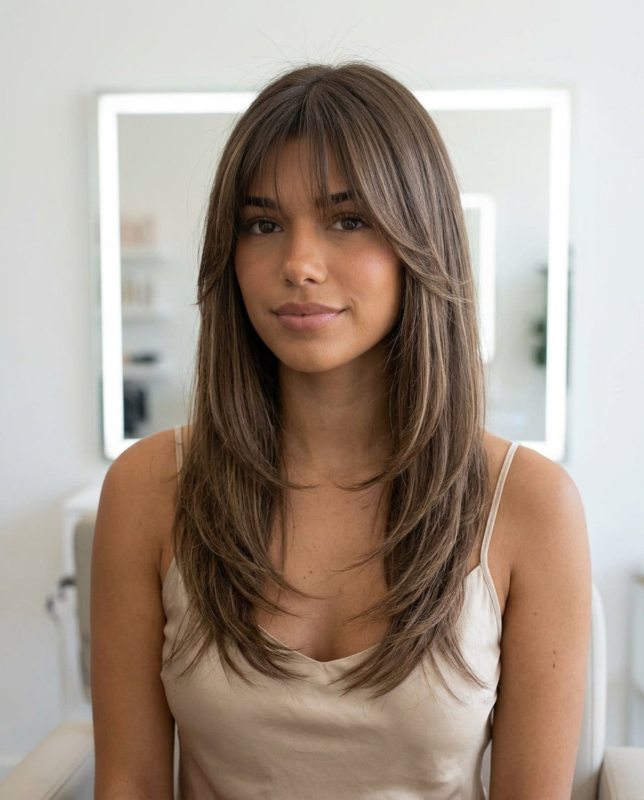 long layered cut with neutral linen brown hair, beige babylights, and sweeping wispy bangs for summer 2026