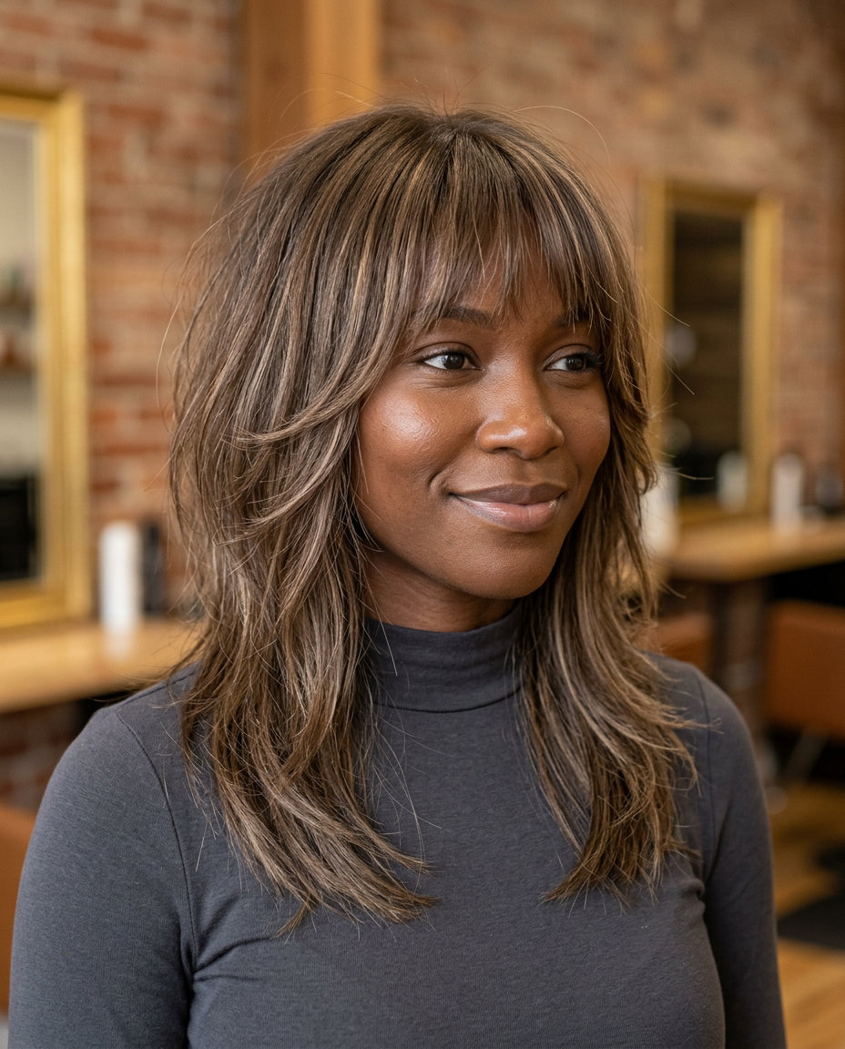 mid-length shag with neutral linen brown hair, beige babylights, and razored wispy bangs for summer 2026