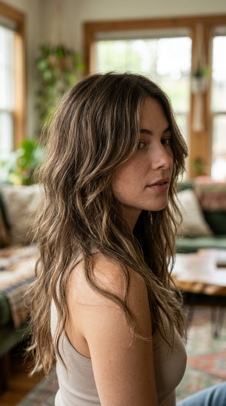 Linen Balayage Wolf Cut 2026 long linen brunette wolf cut with beige-blonde balayage and curtain bangs for summer
