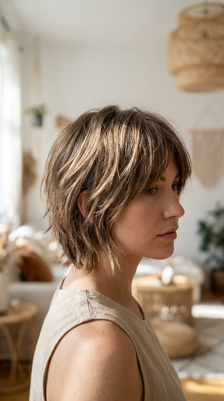 Linen Brunette Bob Wolf 2026 short linen brunette wolf cut bob with beige mid-lights and soft fringe for casual meet-ups