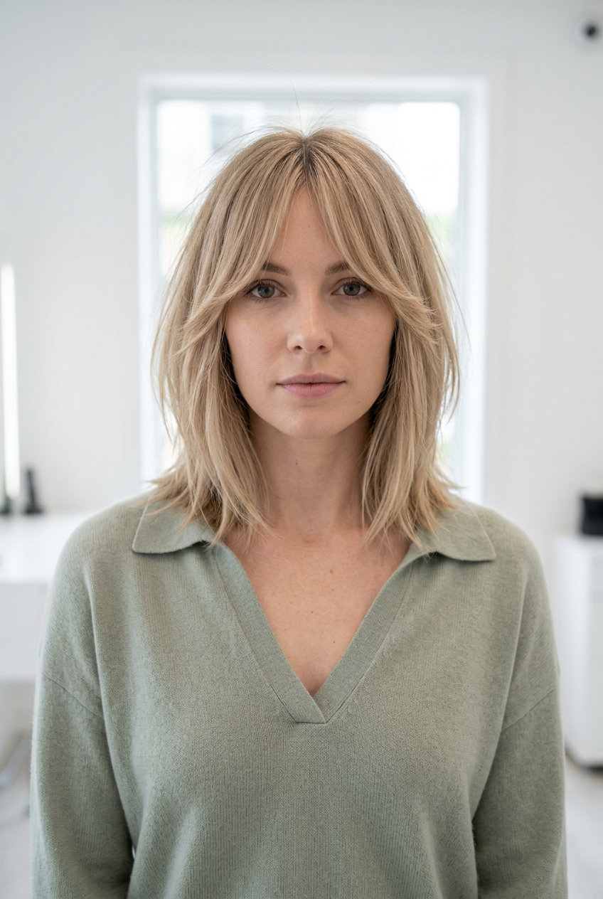 collarbone-length shag haircut in linen blonde with babylights, bottleneck bangs, ghost layers — french chic shag 2026