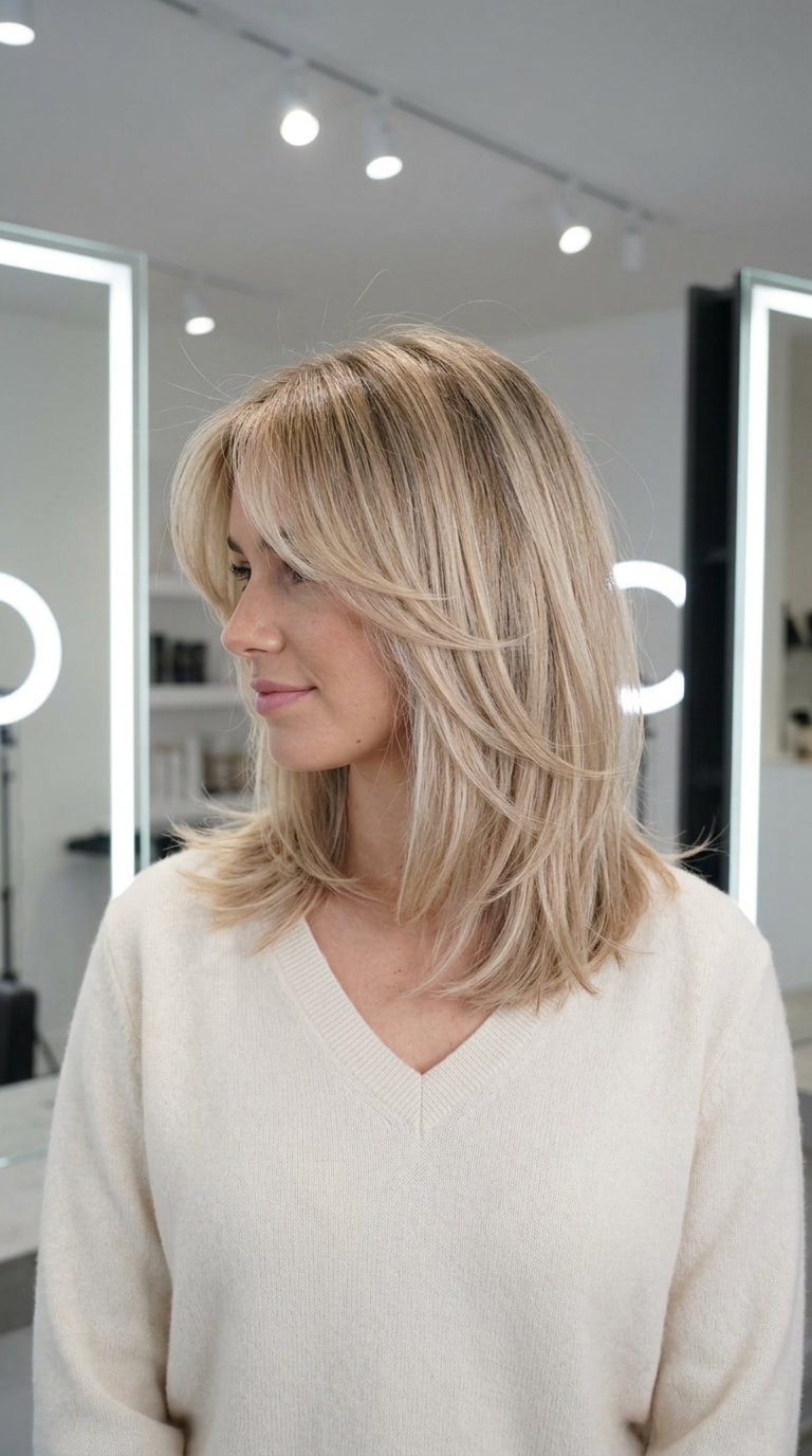 collarbone-length shag haircut in linen blonde with beige babylights, wispy fringe, diffused layers — natural shag 2026