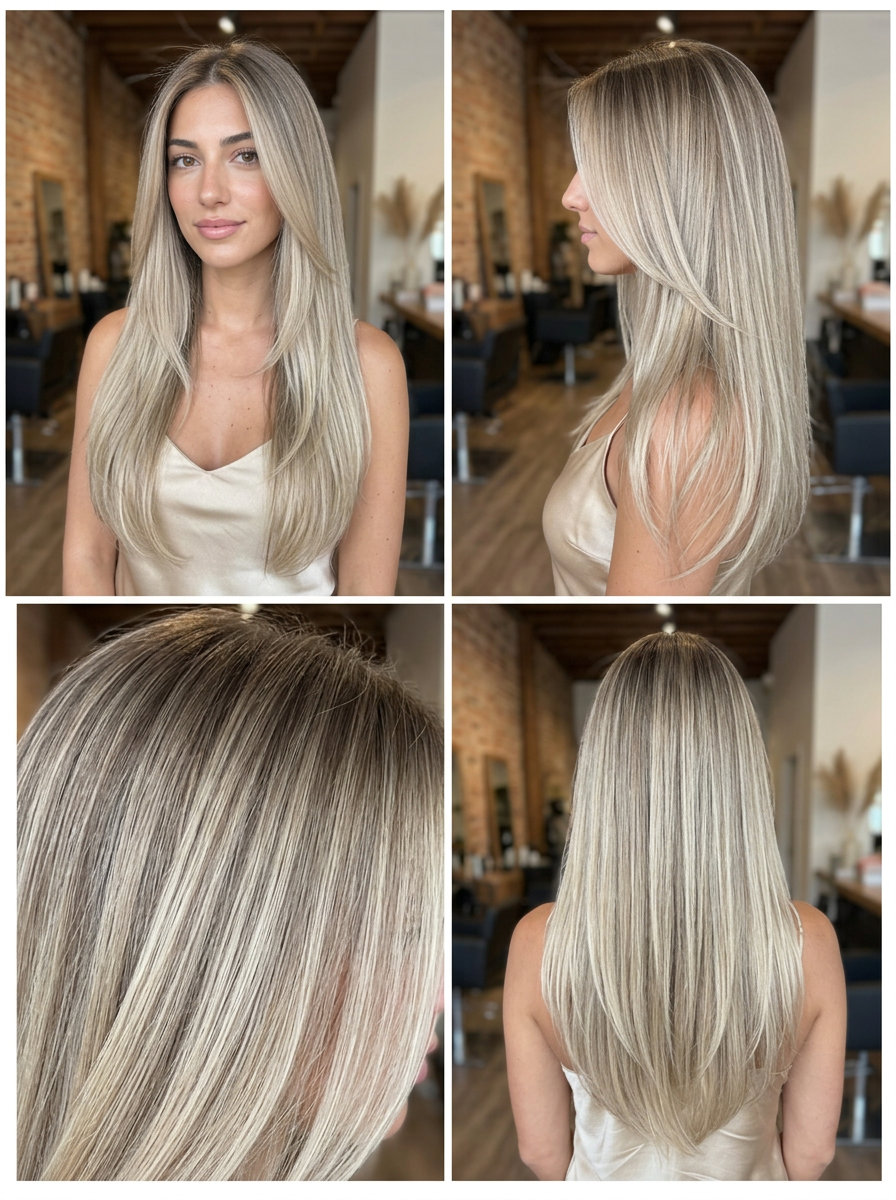 extra-long linen blonde ombre with sandy beige and ash root, seamless blend, face-framing layers — effortless beach vacation