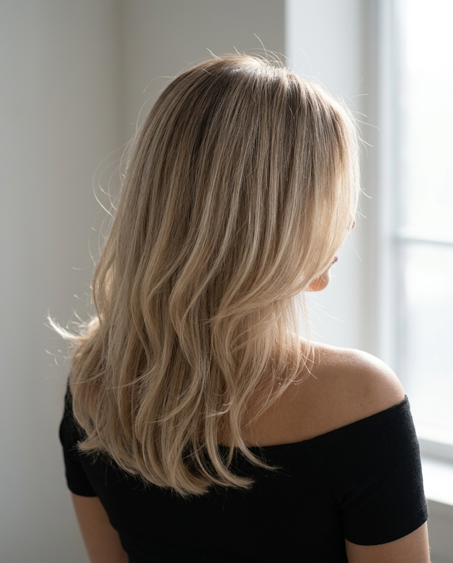 long linen blonde hair color with taupe root, shadow root technique — chic daily wear