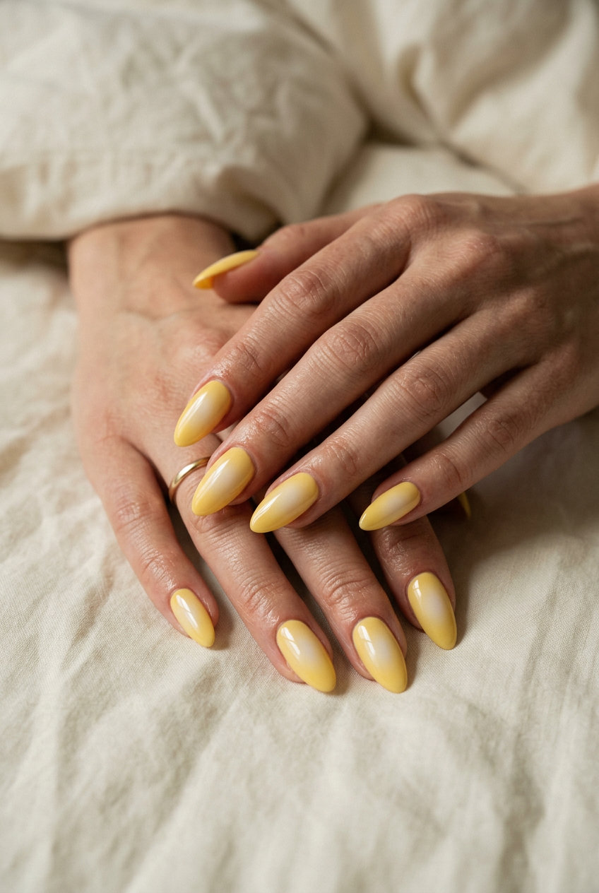 Butter Yellow Aura Gradient Nails 2026 Long summer nails 2026: Cheerful butter yellow almond aura gradient nails for vacation or brunch.