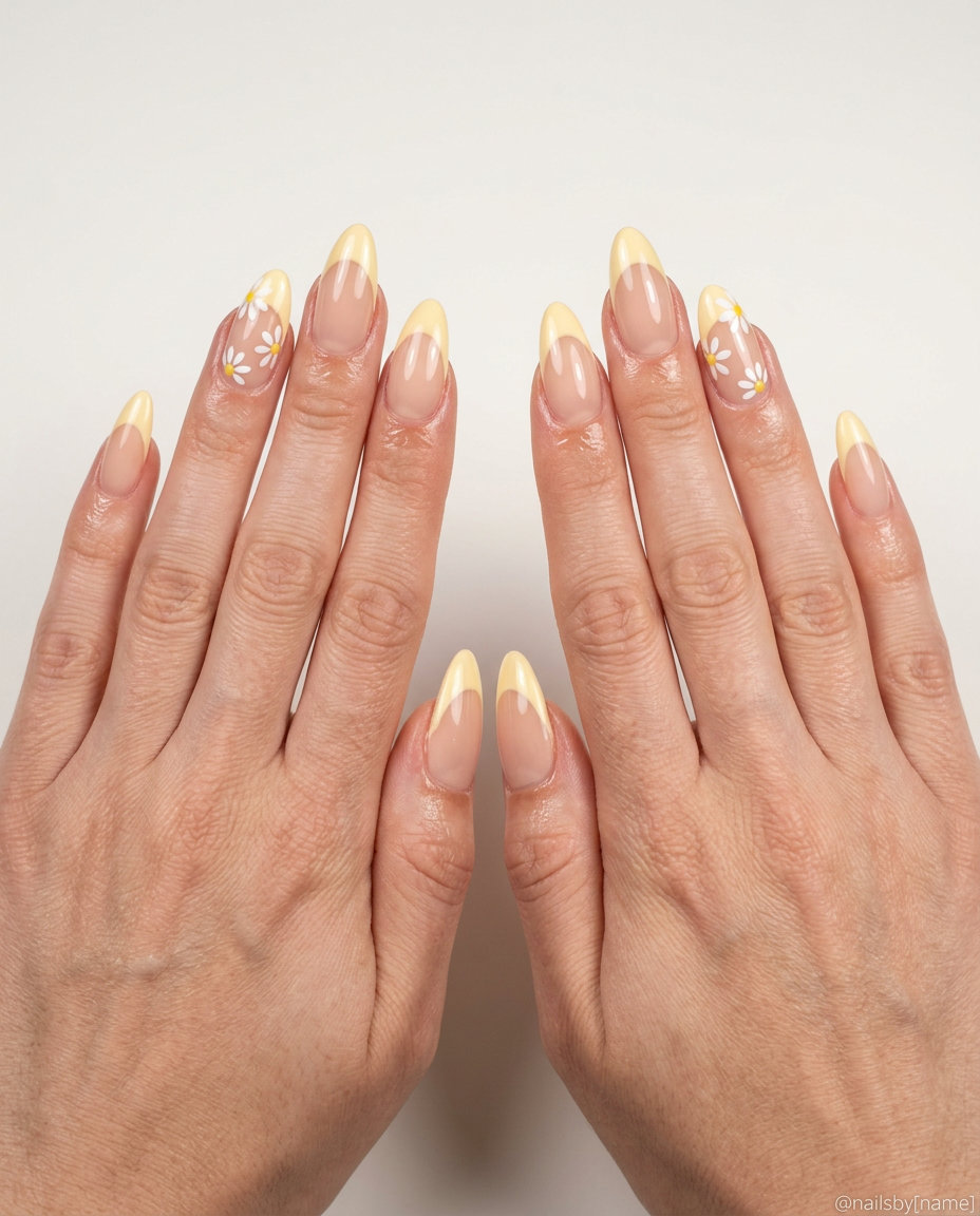Butter Yellow Daisy Decal French 2026 Long summer nails 2026: Whimsical butter yellow decal French tip nails for summer vacation.