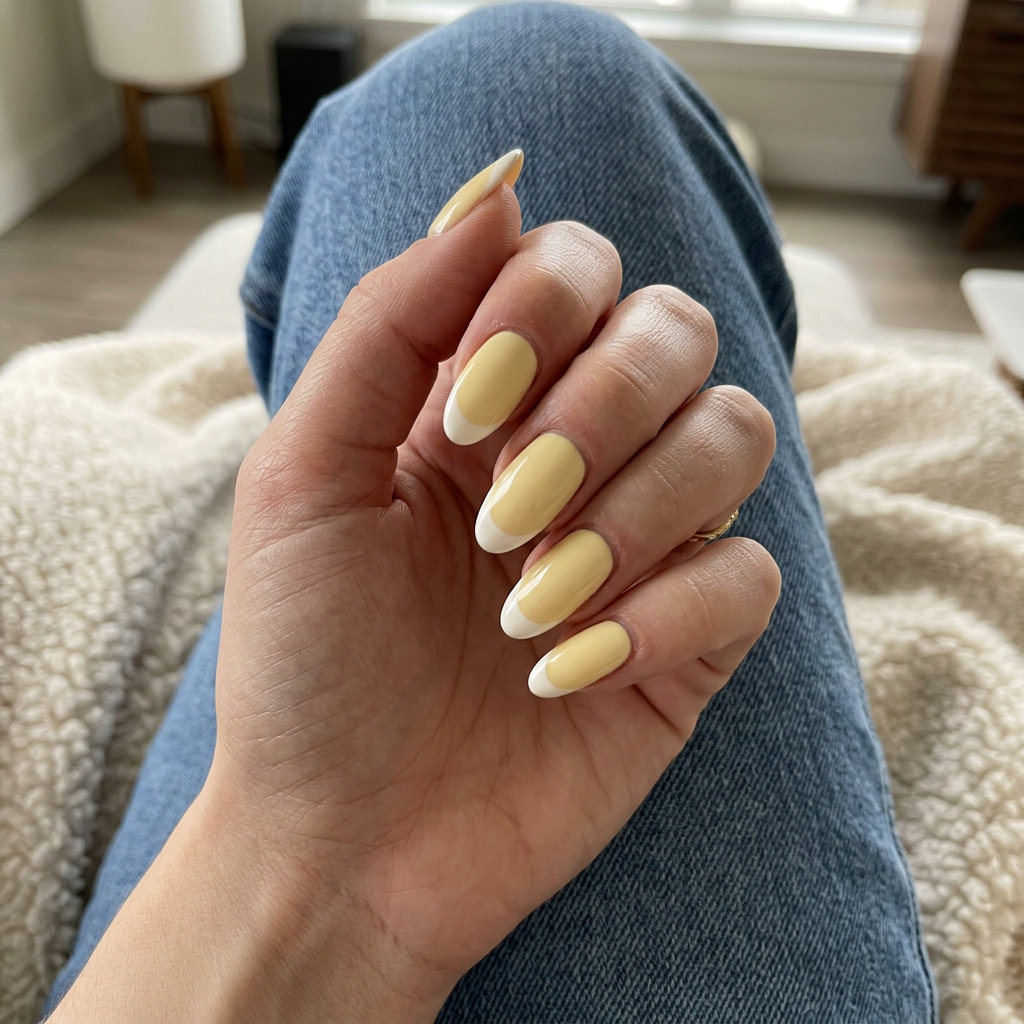 Long Summer Nails 2026: Playful Yellow French Long summer nails 2026: Butter yellow oval reverse French for casual weekends.