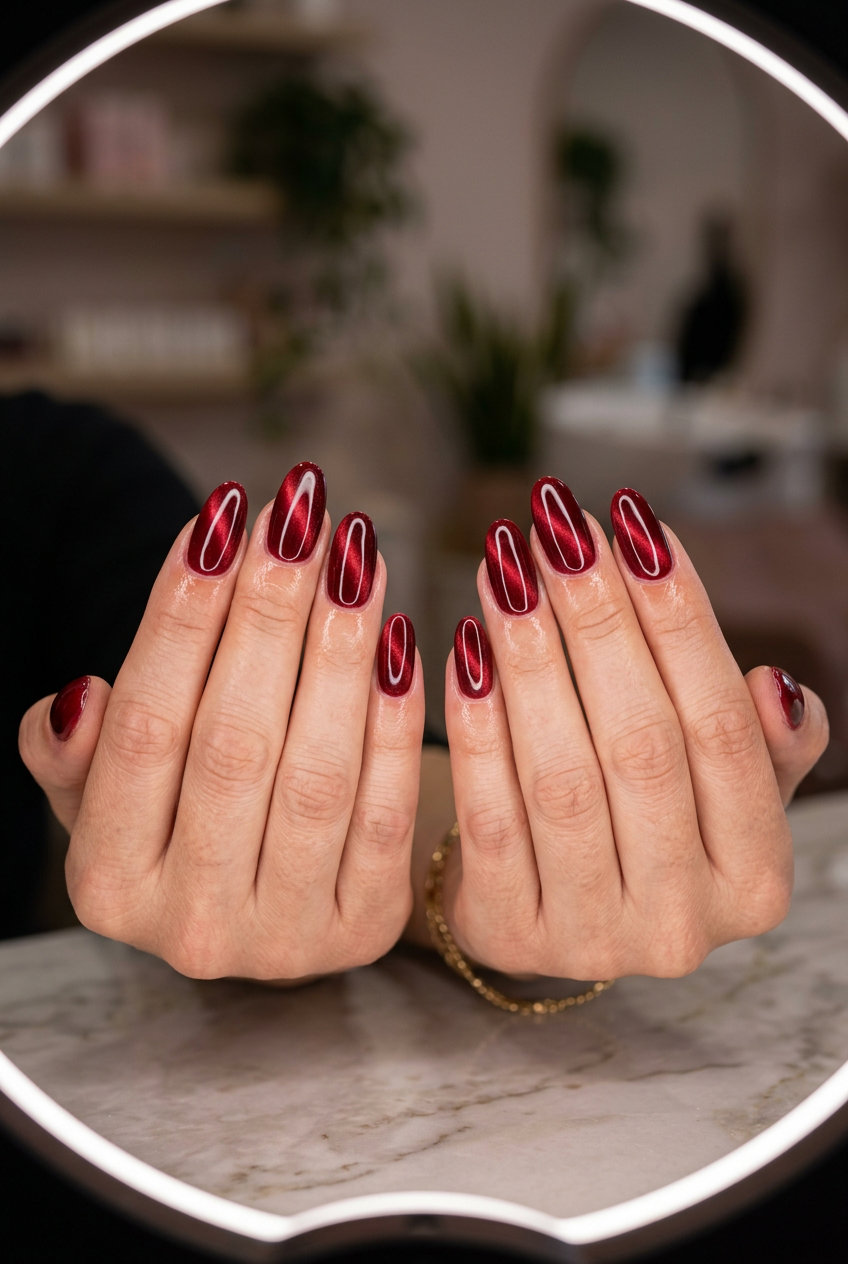 Cherry Red Cat-Eye Oval Nails 2026 Long summer nails 2026: Sultry cherry red oval cat-eye nails for date night or evening events.
