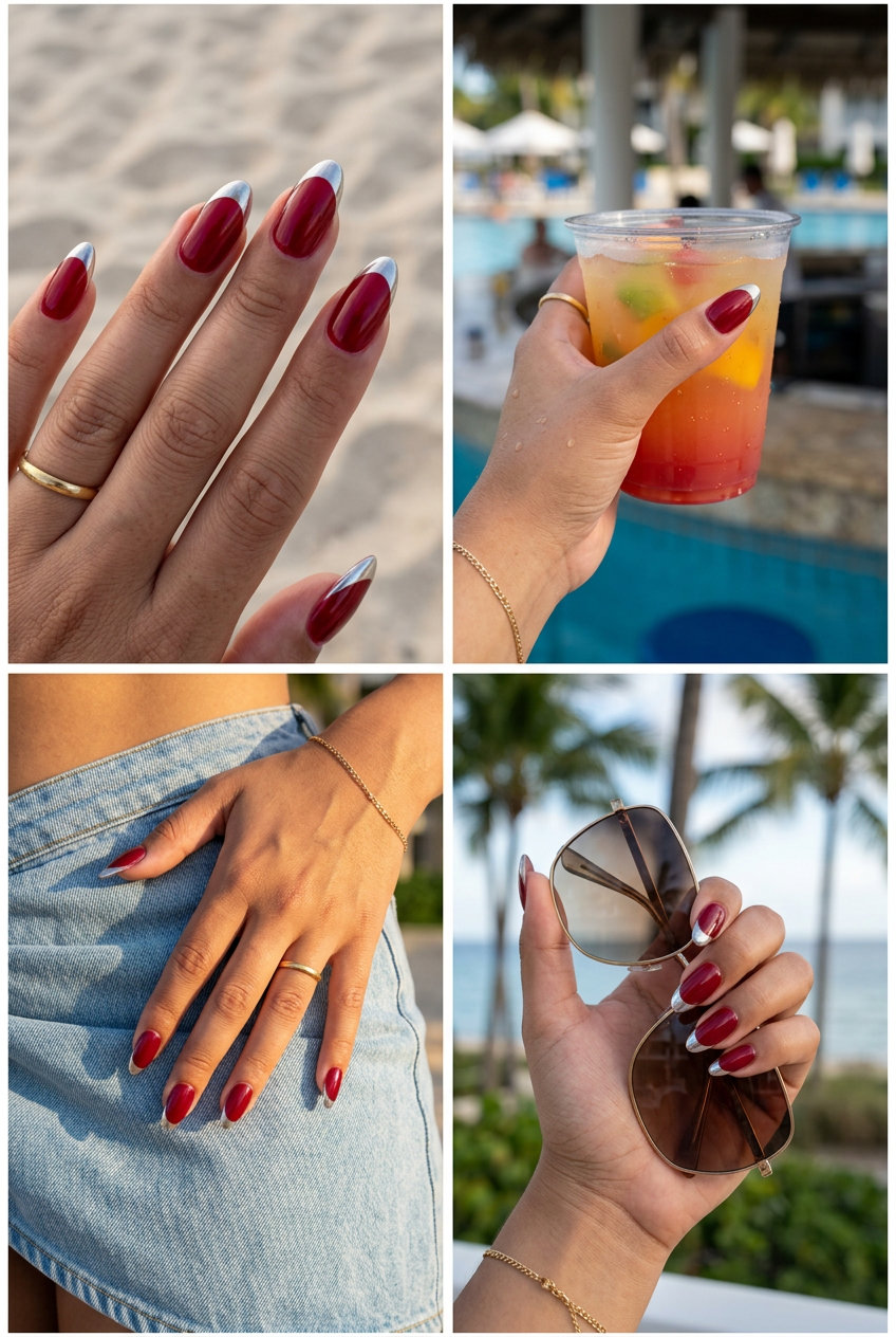 Cherry Red Chrome French Tip Nails 2026 Long summer nails 2026: Edgy cherry red almond chrome French tip nails for date night.