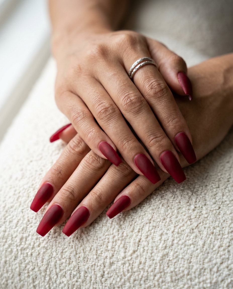 Long Summer Nails 2026: Sultry Cherry Velvet Long summer nails 2026: Deep cherry red coffin with velvet matte finish for date nights.
