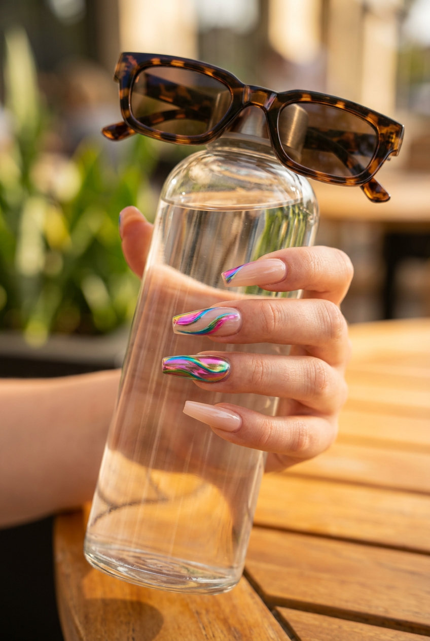 Chrome Swirl Accent Nails 2026 Long summer nails 2026: Futuristic multi-color chrome swirl accent nails for a festival or party.