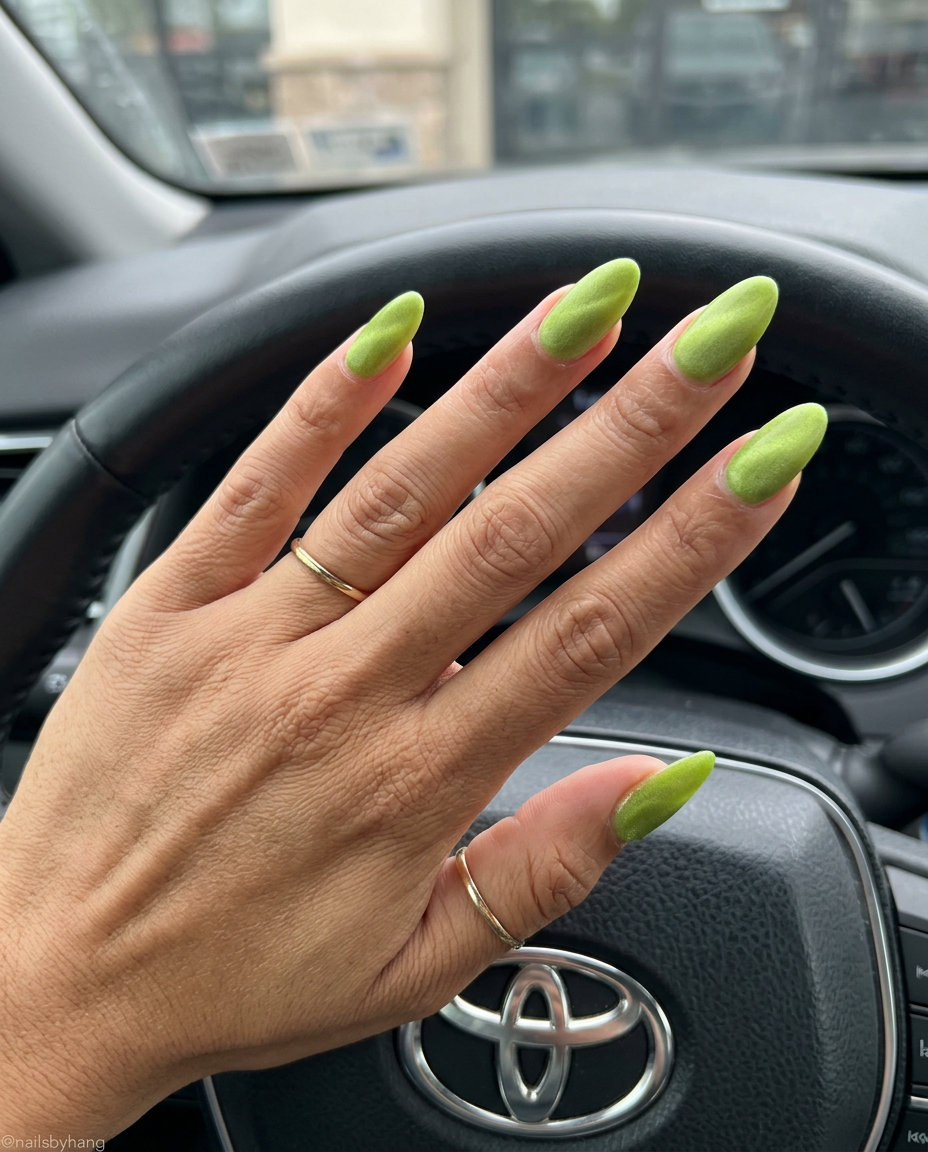 Long Summer Nails 2026: Glamorous Lime Green Velvet Long summer nails 2026: Glamorous lime green almond with velvet cat-eye finish for evening parties.