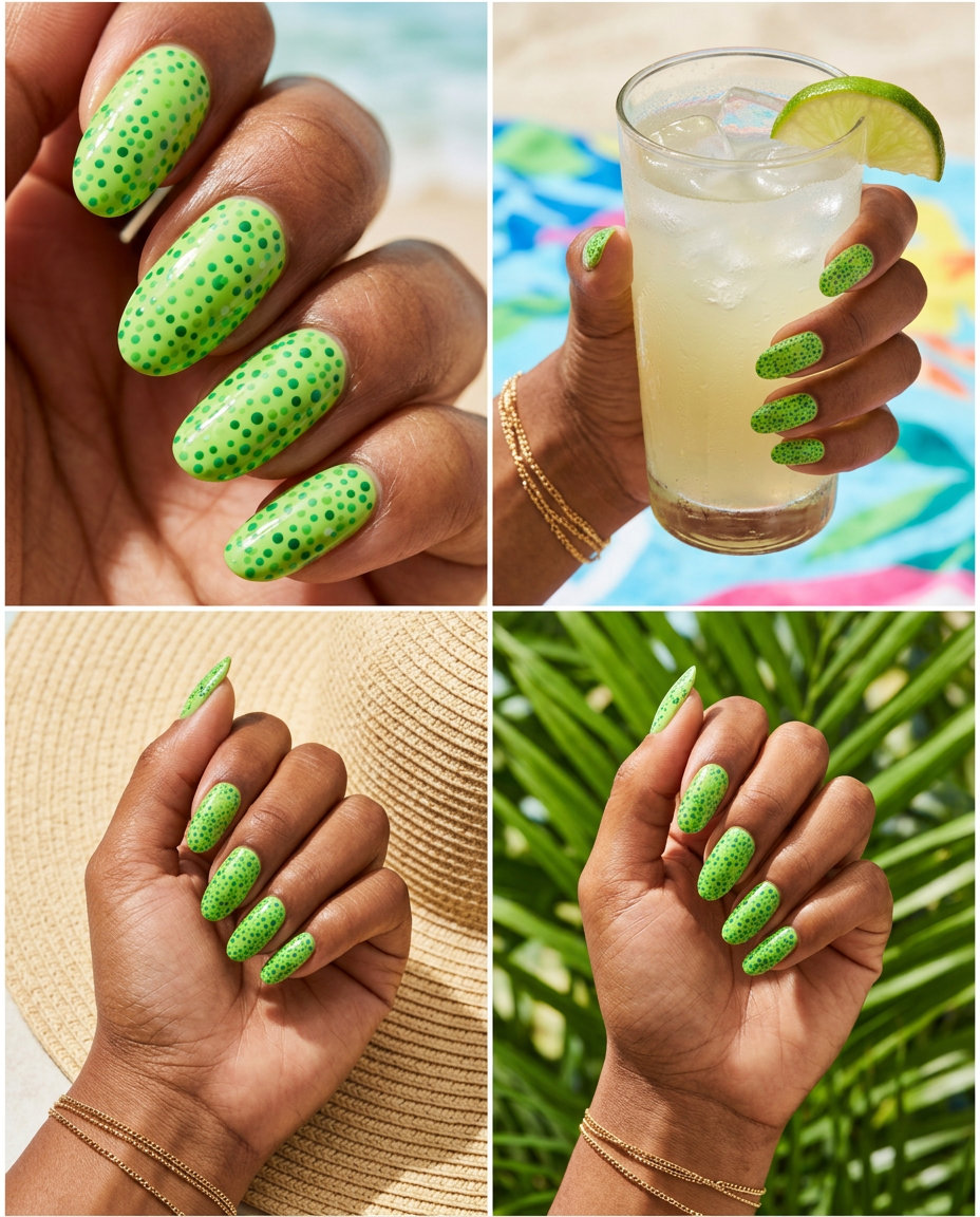 Long Summer Nails 2026: Playful Lime Green Dots Long summer nails 2026: Playful lime green oval with scattered green dots for vacation fun.