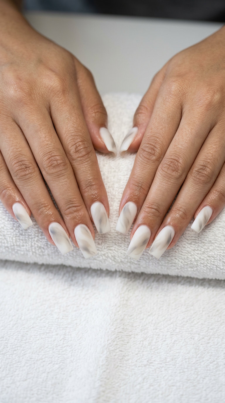 Long Summer Nails 2026: Milky White Abstract Chic Long summer nails 2026: Milky white abstract airbrush design on almond shape for minimalist office chic.