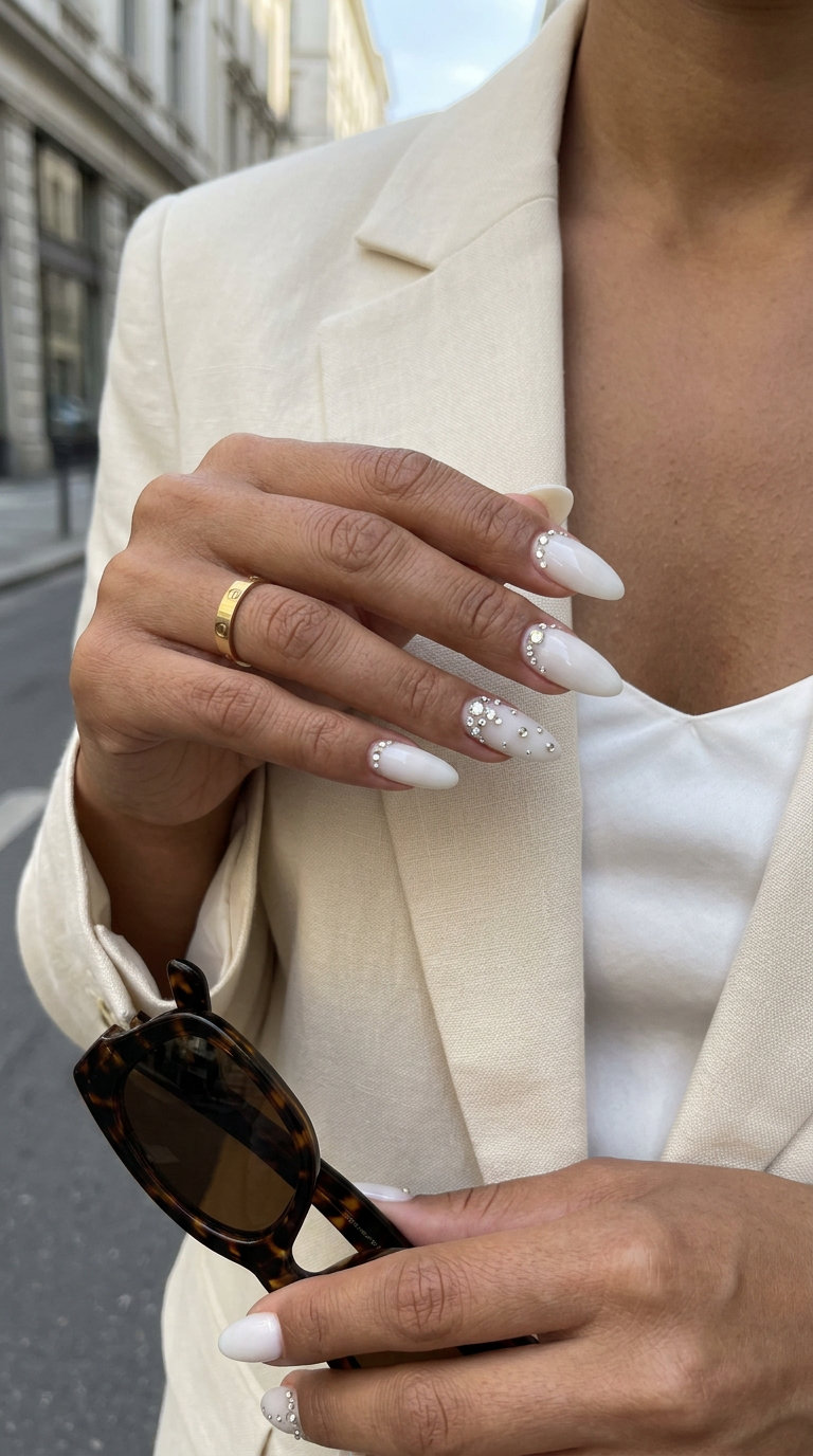 Milky White Almond Rhinestone Nails 2026 Long summer nails 2026: Milky white almond nails with rhinestone embellishments for a wedding guest.