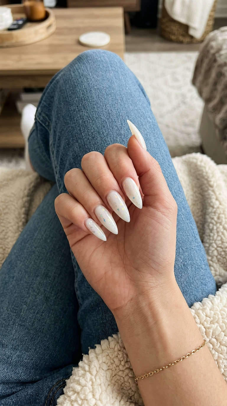 Long Summer Nails 2026: Shimmering White Stilettos Long summer nails 2026: Milky white stiletto with iridescent foil flakes for parties.