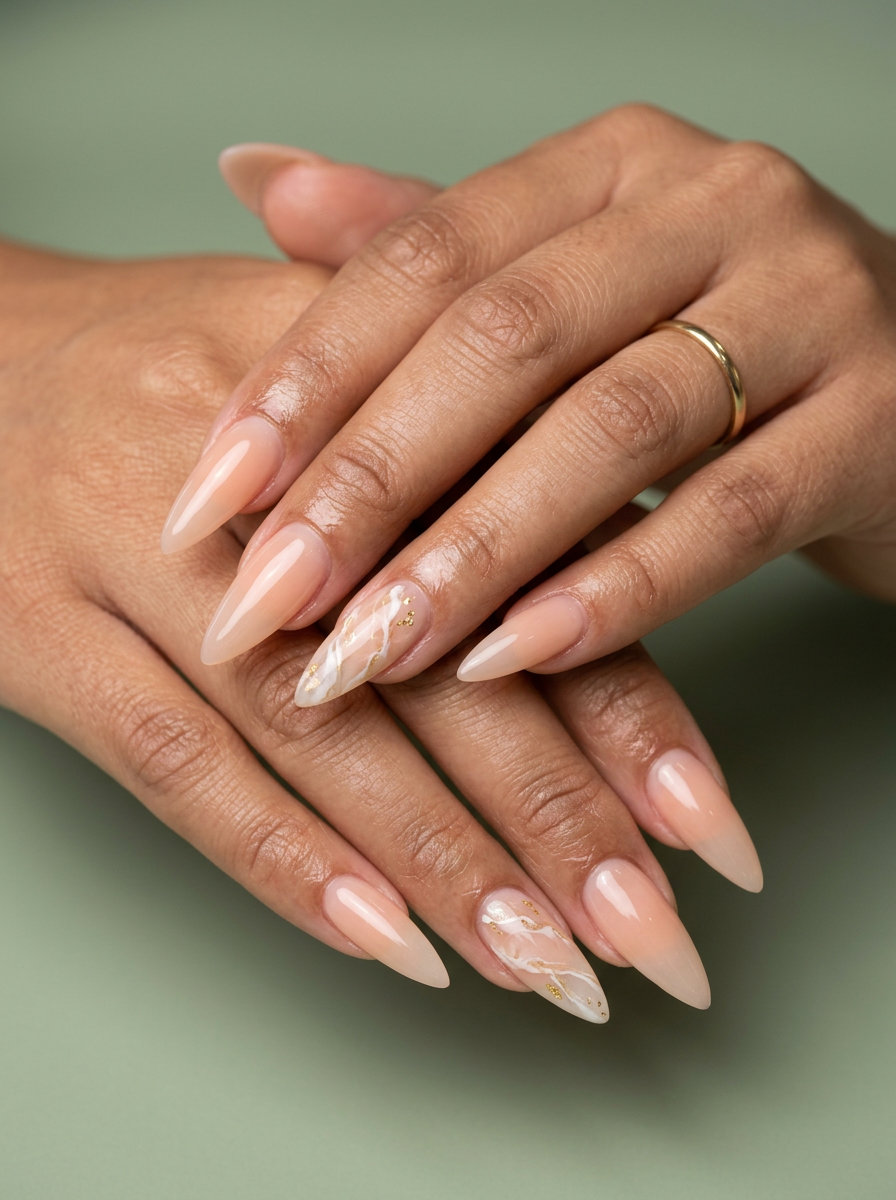 Long Summer Nails 2026: Artistic Peach Marble Long summer nails 2026: Sheer peach fuzz stiletto with marble for bohemian events.