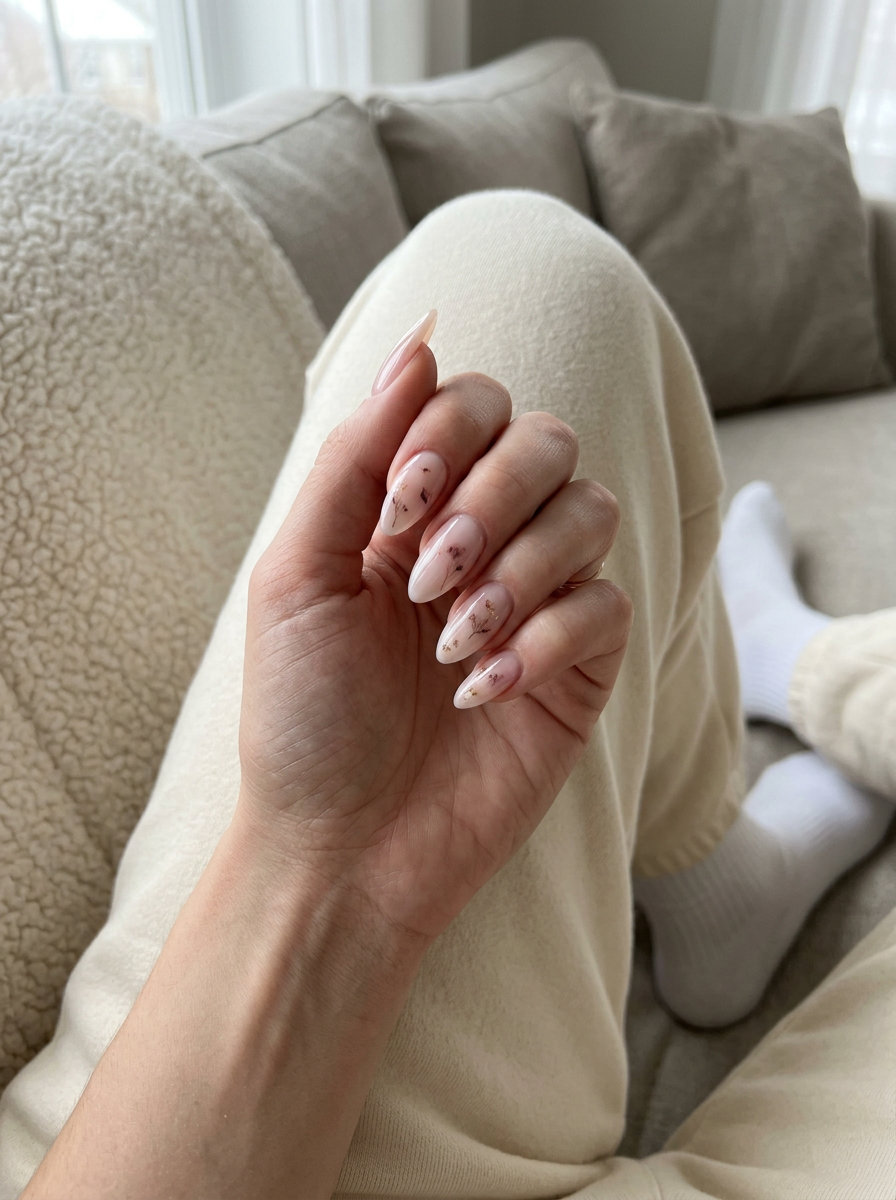 Long Summer Nails 2026: Ethereal Milk Bath Long summer nails 2026: Sheer pink almond milk bath with delicate florals for weddings.