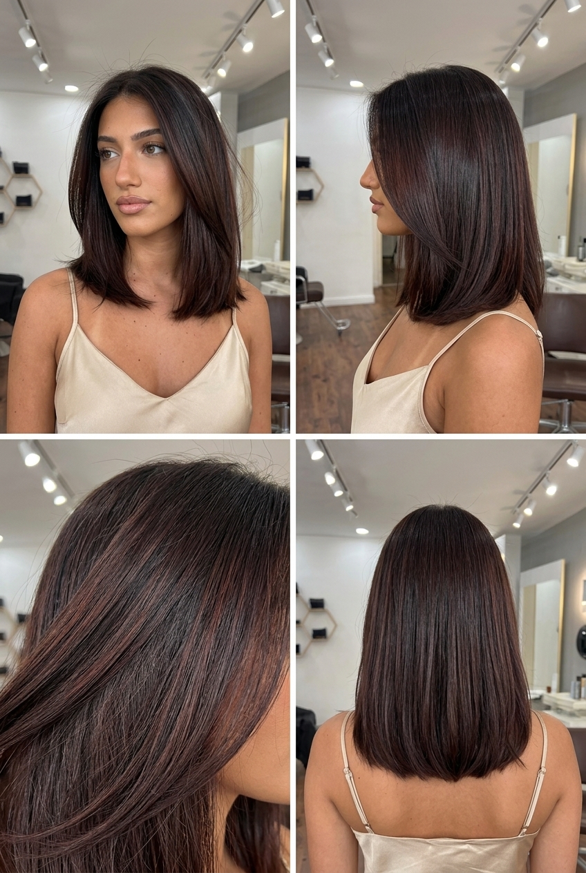long mahogany kissed brunette with rich red undertones, single process color, no fringe — elegant