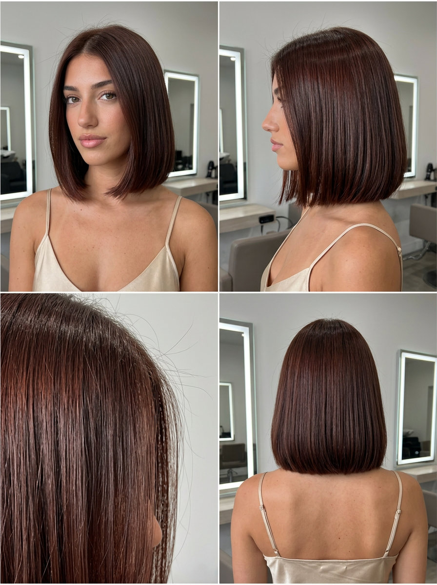 chin-length italian bob haircut in deep mahogany with high-gloss sheen, subtly angled A-line — sophisticated classic look