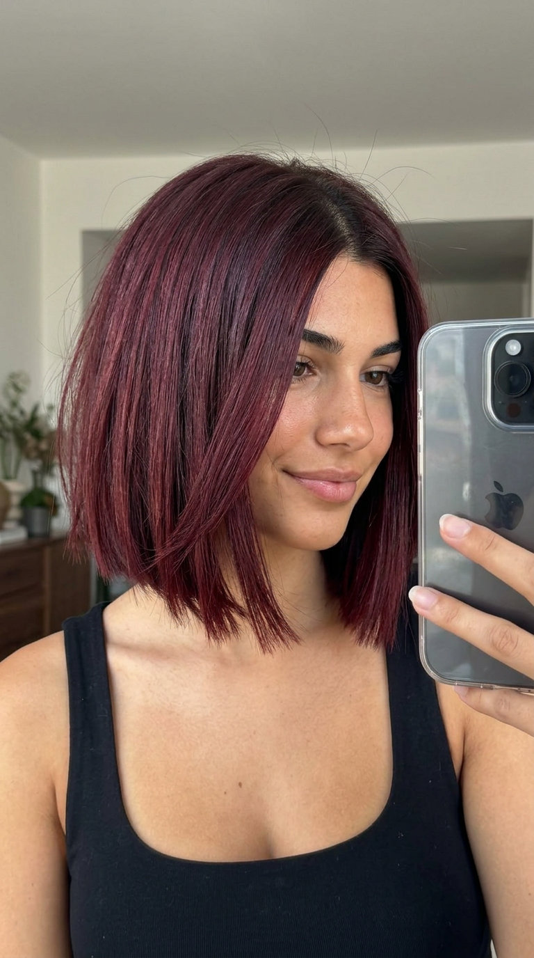 chin-length blunt bob haircut in deep mahogany red with crimson undertones, piecey texture, for night out