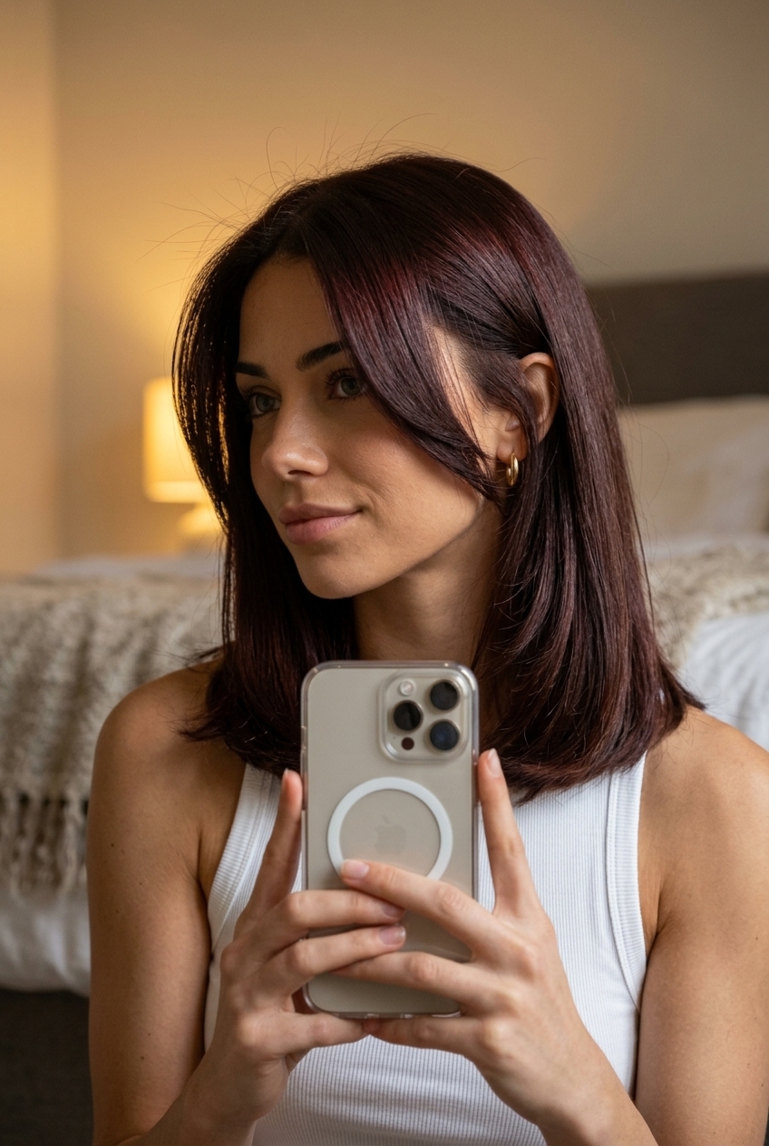 collarbone-length mahogany glaze midi cut with subtle layers, blunt perimeter — sophisticated elegant