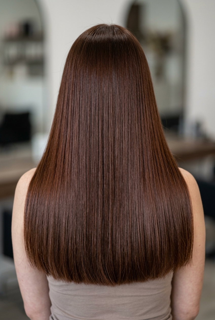 long blunt haircut in deep mahogany brown with clear gloss for summer 2026