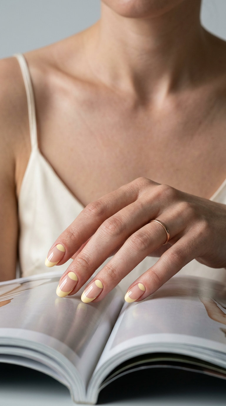 Butter yellow half moon minimalist nails for fresh daily wear and casual outings in summer 2026.