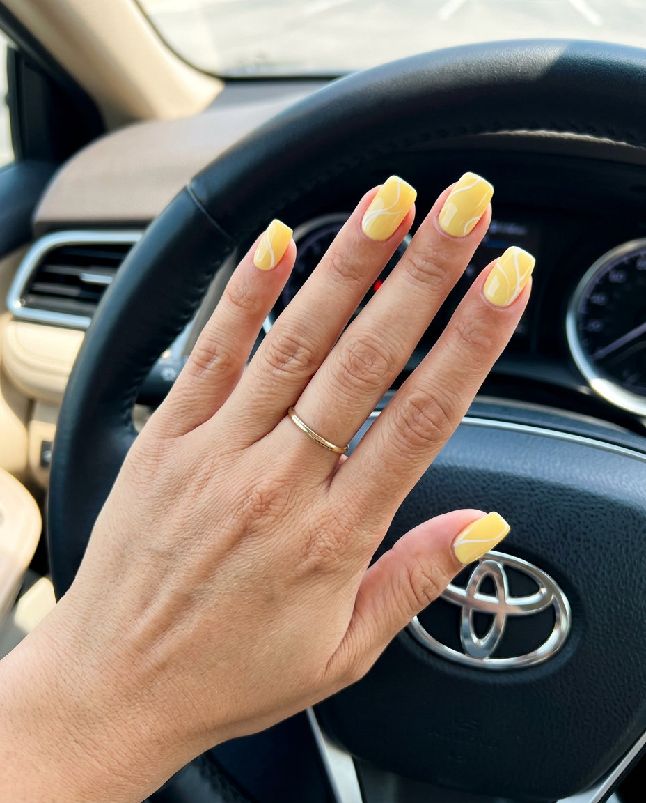 Butter yellow nails with abstract white swirls, perfect for summer 2026 casual outings and creative workspaces.